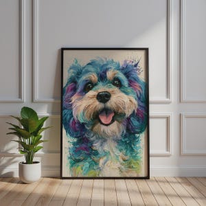 Puede incluir: Una lámina de arte enmarcada que presenta una pintura impresionista colorida de un perro peludo con expresión alegre, boca abierta y lengua fuera. La obra utiliza tonos vibrantes de azul, turquesa, morado y crema con pinceladas visibles.