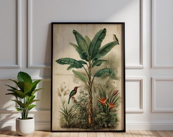 Lámina artística vintage de platanero y ave del paraíso / Decoración de pared de selva tropical / Ilustración floral antigua / Póster de naturaleza exótica