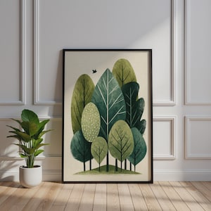 Op de afbeelding: Een ingelijste kunstprint aan de muur met een gestileerd boslandschap in diverse groentinten, bestaande uit ronde en puntige boomvormen met bladnerfpatronen op een crèmekleurige achtergrond met een klein zwart silhouet van een vogel.