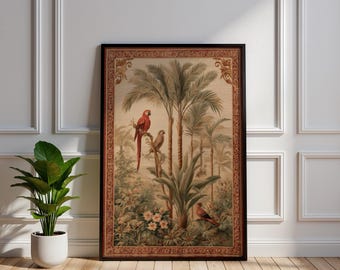 Tapiz vintage con estampado de loros, póster botánico antiguo de palmeras, arte mural campestre francés, ilustración de selva exótica, Grandmillennial