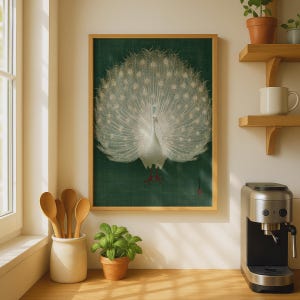 Lámina artística de pavo real blanco meticulosamente detallada, elegante decoración de pared, estilo botánico minimalista. imagen 5