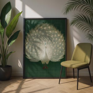 Lámina artística de pavo real blanco meticulosamente detallada, elegante decoración de pared, estilo botánico minimalista. imagen 4