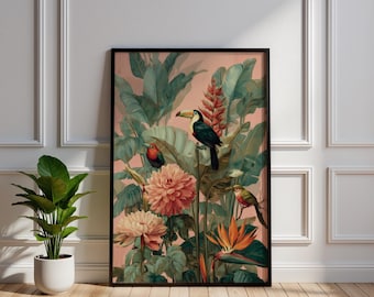 Lámina decorativa botánica de tucán tropical para pared - Póster de ave de la selva, lienzo floral rosa, hojas de palmera monstera exóticas, decoración ecléctica y elegante para el hogar.