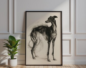 Greyhound Charcoal Sketch Poster, Ethereal Dog Art Print, Gestural Monochrome Wall Art