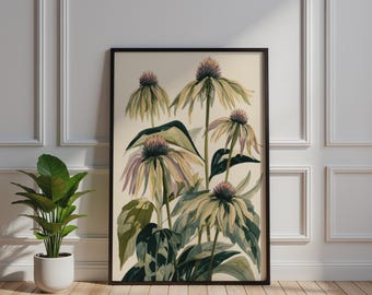Botanical Coneflower Print, Echinacea Wall Art, Vintage Floral Poster, Sage Green