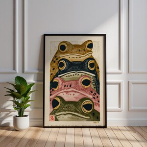 Lámina artística vintage japonesa de pilas de ranas, póster de sapo estilo ukiyo-e, arte mural retro de animales en xilografía, regalo minimalista de naturaleza, decoración asiática para el hogar