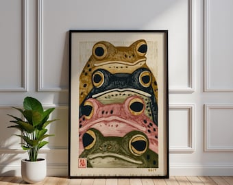 Lámina artística vintage japonesa de pilas de ranas, póster de sapo estilo ukiyo-e, arte mural retro de animales en xilografía, regalo minimalista de naturaleza, decoración asiática para el hogar