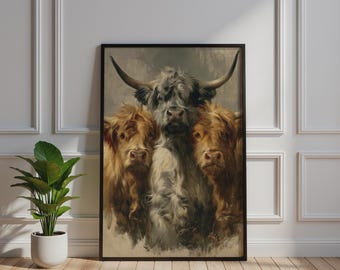 Póster con retrato de un trío de vacas de las Tierras Altas, arte mural de vacas escocesas, lámina de pintura al óleo.
