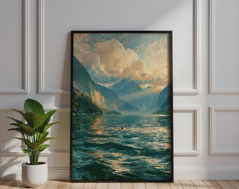 Lone Swimmer Mountain Lake Poster, Open Water Swimming Art Print, Teal Nature Wall Art