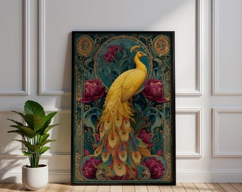Impresión Art Nouveau de pavo real, arte mural de pavo real dorado ornamentado, ilustración floral vintage de pájaro, elegante decoración maximalista para el hogar.