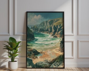 Sunlit Coastal Cove Poster, Rocky Cliffs Beach Wall Art, Seaside Summer Print