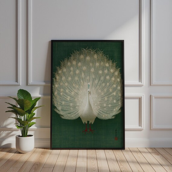 Meticulously Detailed White Peacock Art Print, Elegant Wall Decor, Minimalist Botanical Style
