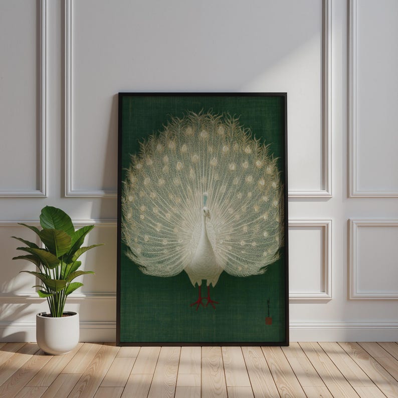 Meticulously Detailed White Peacock Art Print, Elegant Wall Decor, Minimalist Botanical Style