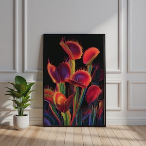 May include: A framed vertical wall art print featuring a vibrant illustration of multiple Venus flytrap plants against a solid black background. The plants display bright red, orange, and purple hues with prominent spiky teeth on the trap lobes.
