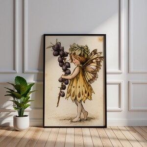 May include: A framed wall art print featuring a whimsical illustration of a small fairy with light brown hair, wearing a yellow petal-shaped dress and a green leaf crown, holding a long branch laden with dark purple plums against a cream background.