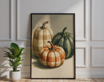 Póster decorativo de trío de calabazas, arte mural de naturaleza muerta otoñal, lámina otoñal en acuarela.