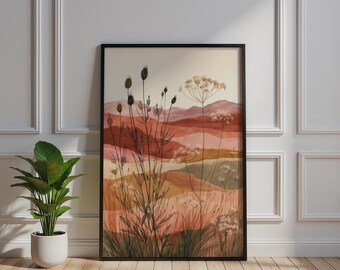 Póster de paisaje bohemio, arte mural de montaña de terracota, lámina de atardecer con flores silvestres, minimalista.