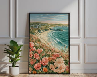 Coastal Wildflower Beach Poster, Seaside Cliff Art Print, Vibrant Floral Ocean Wall Art