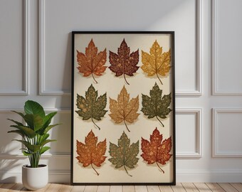 Lámina botánica vintage de hoja de arce, arte mural de hojas de otoño, póster de naturaleza otoñal