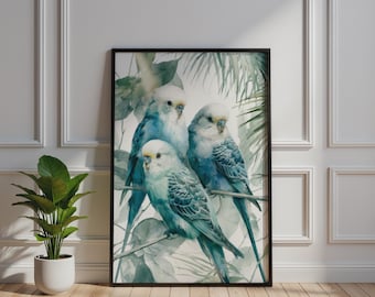 Puede incluir: Una impresión de arte mural vertical enmarcada que presenta tres periquitos azules y blancos posados en ramas delgadas entre un suave follaje verde. La obra de arte muestra una estética de acuarela con tonos apagados y texturas.