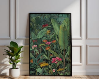 Gedempte tropische botanische kunstprint, groot bananenblad muurdecor, exotische wilde bloemen junglescène, vintage regenwoud bloemen illustratie