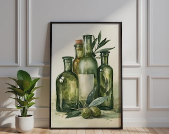 Póster de naturaleza muerta con botellas de aceite de oliva en acuarela, lámina decorativa para pared de cocina verde.