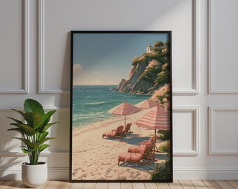 Coastal Beach Poster, Serene Sandy Shore Print, Pink Striped Umbrella, Summer Wall Art