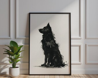 Monochrome Dog Portrait Poster, Gestural Ink Art Print, Black Dog Wall Art