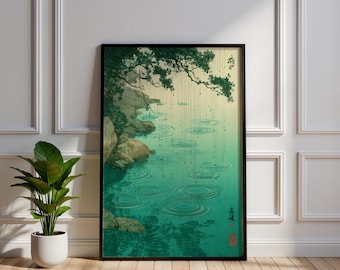 Grabado japonés en madera, póster Ukiyo-e de estanque, arte mural de ondas de agua, pintura de naturaleza Japandi, paisaje verde azulado, decoración zen asiática