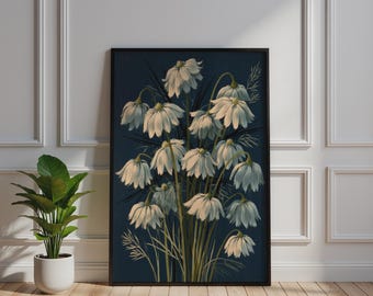 Drooping Daisy Botanical Poster, Dark Navy Floral Wall Art, Cream Wildflower Print