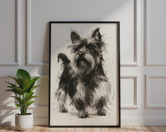 Terrier Dog Charcoal Sketch Poster, Gestural Graphite Wall Art, Monochrome Dog Print