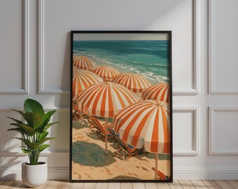 Striped Beach Umbrella Poster, Retro Summer Wall Art, Orange Teal Coastal Print