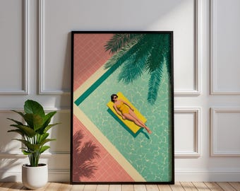 Retro Poolside Art Print | Vintage Summer Vacation Poster | Mid Century Palm Tree Wall Decor | 70s Aesthetic Wall Art | Coastal Living Room