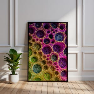 May include: Framed abstract art print. The artwork displays a colourful pattern of interconnected circles in gold, green, purple, and blue. The piece is displayed on a white wall above a wooden floor, with a potted plant to the left.