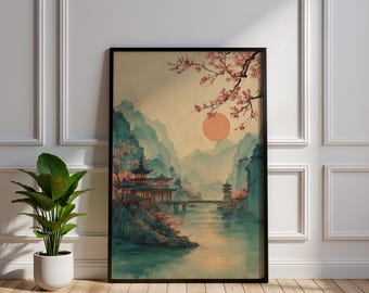 Lámina artística vintage japonesa de paisaje / Pagoda de cerezos en flor y decoración de pared con sol rojo / Escena de río de montaña al estilo ukiyo-e / Póster zen asiático