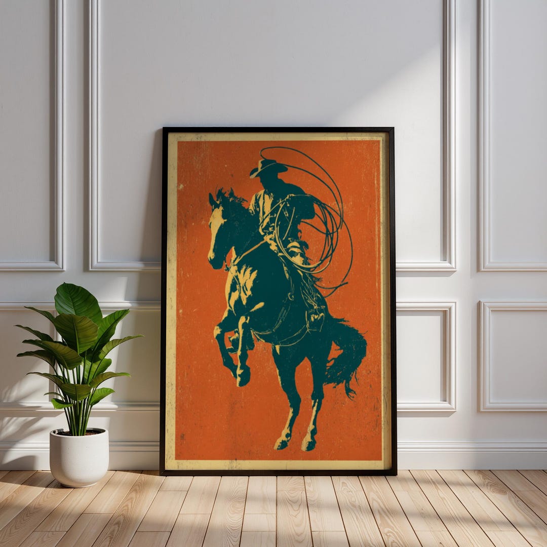 Vintage Cowboy Wall Art | Retro Western Horse Print | Lone Rider Lasso ...