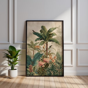 Grote vintage tropische muurschildering, exotische jungle botanische muurkunst, poster banaan, palmboom en paradijsvogel, decor maximalistisch regenwoud