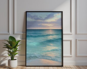 Tranquil Pastel Seascape Poster, Teal Ocean Wave Wall Art, Calm Beach Print