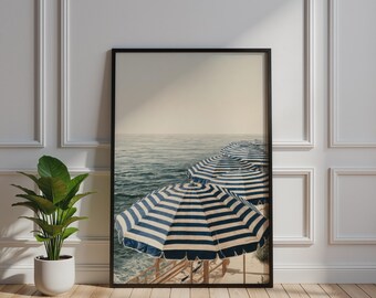 Navy Striped Beach Umbrellas Coastal Wall Art, Nautical Ocean Print, Summer Sea Poster