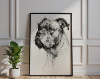 Bulldog Sketch Portrait Poster, Gestural Ink Drawing, Monochrome Dog Wall Art Print