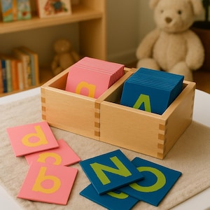 May include: Wooden educational toy with pink and blue letter tiles. The letters are yellow and green. The tiles are stored in a wooden box with two compartments. The background includes a bookshelf, a teddy bear, and books.