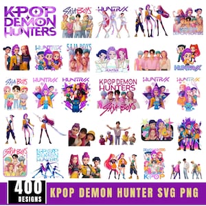 Puede incluir: Una colección de 400 diseños gráficos digitales con personajes estilo anime, grupos de K-pop y cazadores de demonios. Las imágenes incluyen etiquetas de texto como K-POP DEMON HUNTERS, SAJA BOYS y HUNTRIX, mostrando atuendos coloridos y armas.