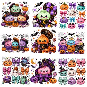Puede incluir: Una colección de pegatinas con temática de Halloween que presenta personajes redondos y lindos en cajas de regalo, calabazas, lazos coloridos, murciélagos y calaveras. Los diseños incluyen bolas de masa de colores pastel con caras.