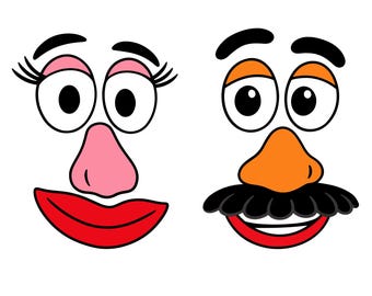 May include: Two cartoon face sets featuring eyes, noses, and mouths. The left face has pink eyelids, long eyelashes, a pink nose, and red lips. The right face has orange eyelids, a large orange nose, a black moustache, and a red mouth.