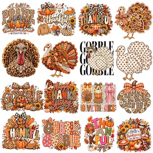 Peut inclure: Une collection de seize illustrations numériques sur le thème de Thanksgiving avec des dindes, des citrouilles, des tournesols et des motifs écossais. Les textes incluent I Will Praise Him, Thankful, Gobble et Happy Thanksgiving.