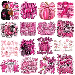Pode incluir: Uma coleção de dezesseis designs gráficos digitais com temas de conscientização sobre o câncer de mama. As imagens incluem fitas rosas, abóboras, bolas de futebol, luvas de boxe e patos, com textos como Pink Out e In October We Wear Pink.