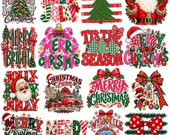 Puede incluir: Una colección de dieciséis diseños gráficos con temática navideña que incluyen a Santa Claus, árboles de pino decorados, lazos rojos y verdes, adornos y tipografía festiva con frases como Merry Christmas, Holly Jolly y Tis the Season en colores vivos.