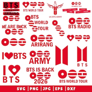 Puede incluir: Una colección de gráficos rojos y blancos con temática BTS. Incluye texto como "BTS World Tour", "ARIRANG" y "US BTS ARMY". Los diseños presentan corazones, círculos y el logotipo de BTS. Formatos de archivo: SVG, PNG, JPG, EPS y DXF.