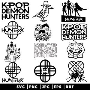 May include: A selection of black and white graphic designs. The designs include illustrations of figures, a bird with a hat, a cat, and the text "K-POP DEMON HUNTERS" and "HUNTRAX". Formats include SVG, PNG, JPG, EPS, and DXF.
