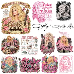 Può includere: Una collezione di grafiche di Dolly Parton con ritratti, chitarre acustiche, farfalle, rose e stivali da cowboy. Il testo include "Forever a Legend", "Find out who you are and do it on purpose", "Jolene", "9 to 5" e "I will always love you."